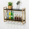 Golden Metal and Black Wood Board Wine Rack Wall Mount, Wall Floating Shelves for Restaurants Bars Kitchen, Wine Glass/Bottle Rack Wine Stemware