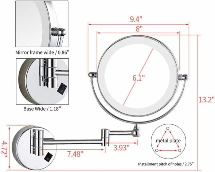 Wall Mounted LED Lighted Makeup Mirror, 8 inch Chrome Double Sided Brass Vanity Extendable Bathroom Mirror with Magnification, with Switch and Pl