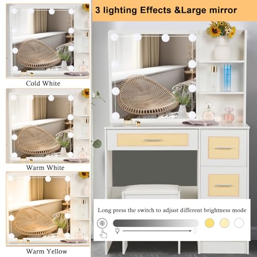 Caulitar Vanity Desk with Mirror and Lights, White Makeup Vanity Set with 4 Drawers and Chair, Girls Vanity Table for Bedroom