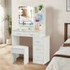 Dradaomull Makeup Vanity with LED Light in 3 Colors, Vanity Table with 4 Shelves and 5 Drawers, Dressing Table with Chair and Adjustable Brightne