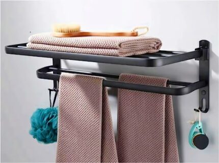 60cm Large Towel Rail Wall Mounted, Stainless Aluminum Towel Holder with 2 Towel Bars and 2 Hooks, Black Towel Rack for Bathroom, Hotel, Kitchen