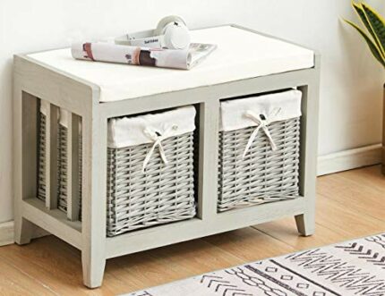 Home Source Wooden Hallway Bench Seat 2 Basket Pull-Out Storage, Grey, White Cushioned Top