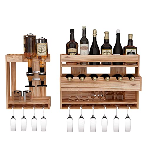 ybaymy Wine Rack Wall Mounted with 2-Bottle Liquor Dispenser Wall Mounted Wood Wine Shelf with Bottle Stemware Glass Holder, Rustic Wine Display