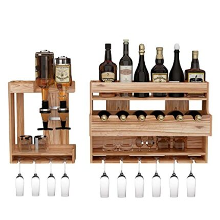 tonchean Wine Rack Wall Mounted with Bottle Dispensers, 4 Tier Wood Wall Wine Shelf with Stemware Holder Liquor Dispenser Rustic Whiskey Shelf wi