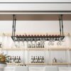 EMISOO Ceiling Wine Rack with Glass Holder, Hanging Wine Storage Display Racks Shelf Glass Rack Wine Bottle Holder for Under Cabinet, Kitchen, Ba