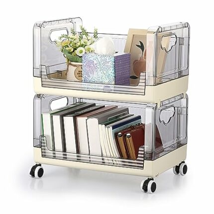 IGNPION 2-tier Foldable Storage Trolley, Laundry Room Cart Movable Bookroom Storage Rack Under Table Rolling Utility Baskets Bathroom Countertop