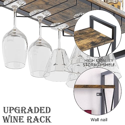 aboxoo Wall Mounted Wine Rack 2 Tier Shelf with 5 Rows Wine Glass Hanging Rack Industrial Rustic Brown Wood&Iron Frame for Dining Room,Wine Displ