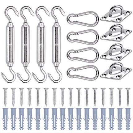 INHDBOX 44Pcs Awning Attachment Set, Heavy Duty Sun Shade Sail Fixing Kit for Garden Triangle and Square, Rectangle - 304 Stainless Steel Sun Sha