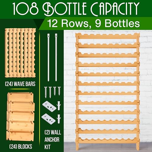 SereneLife 12 Tier Shelf-Strong Frame Solid Bamboo for 108 Bottle Wine Capacity (Color)
