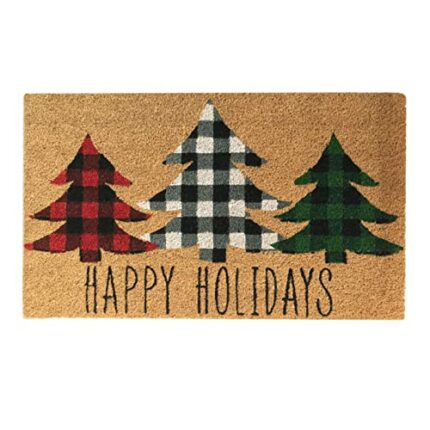 Elrene Home Fashions Farmhouse Living Coir Outdoor Doormat, Natural Entry Mat, Front Door Decor, 18" x 30", Plaid Christmas Tree