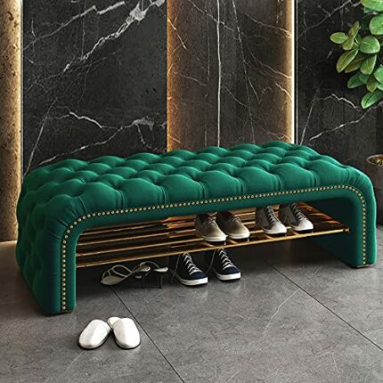 Luxurious Button Tufted Entryway Bench,Velvet Upholstered Shoe Bench Shoe Rack Bench Shoe Storage Organizer,Modern Comfy End of Bed Bench Seat-Gr