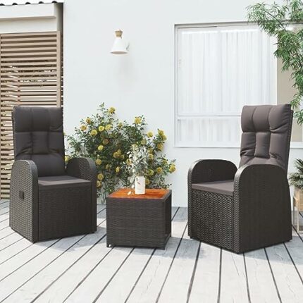 vidaXL Garden Lounge Set 3 Piece Outdoor Wooden Sofa Armchair Patio Sofa Set with Coffee Table Foot Stool Black Poly Rattan and Solid Wood Acacia