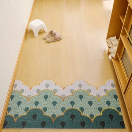 Green Wave Entrance Door Mat, Japanese Style Ukiyo-e Doormat, Anti Skid PVC Coil Door Mats, Mat for Home, Washable Entryway Doormat