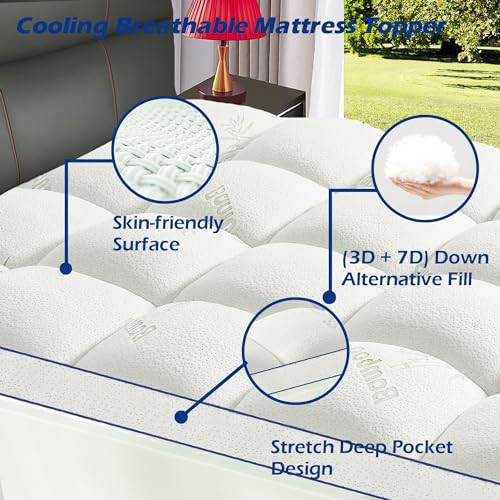 King Size Mattress Topper, Extra Thick Cooling Bamboo Mattress Pad Cover,Soft Down Alternative Fill with 8-21 Inch Deep Pocket- 78"x80" White