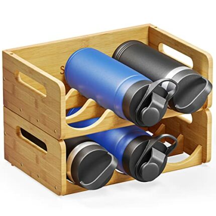 SpaceAid Bamboo Water Bottle Organizer with Labels for Kitchen and Pantry, Storage Rack for Cabinets, Home Cup and Wine Bottle Holder Shelf Organ