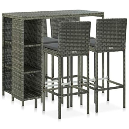 vidaXL Garden Bar Set 5 Piece with Cushions Outdoor Patio Terrace Furniture Dining Table and Chair Seat Bistro Set Poly Rattan Grey