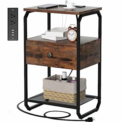 runjuly Nightstand, Bedside Table with Charging Station, Side Table with 1 Wooden Drawer, Vintage Storage End Table, 3 Tier Night Stand for Bedro