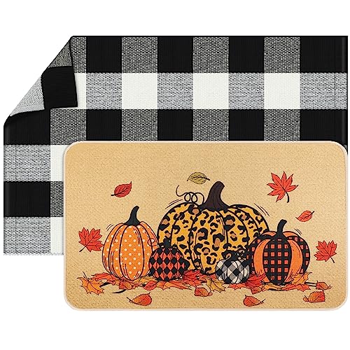 Fabbay 2 Pcs Doormat Home Imitation Coir Autumn Thanksgiving Halloween Doormat with Rubber Non Slip Backing Checkered Buffalo Plaid Rug for Layer