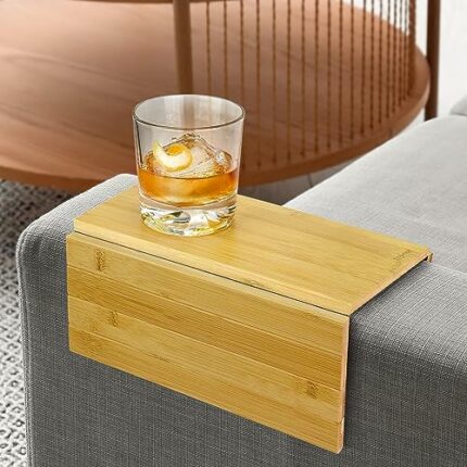 Bamboo Sofa Arm Tray Foldable Wooden Armrest Couch Organiser for Drinks, Bowl, Snack, Magazine, Remote - Couch Protector Laptop and Tablet Holder