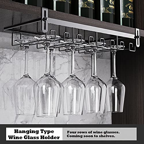 Chinese style wine glass holder.Black.Hanging type 2 row wine glass holder.Stainless steel.No need to drill.Adjustable.Bar,kitchen or study.A sto