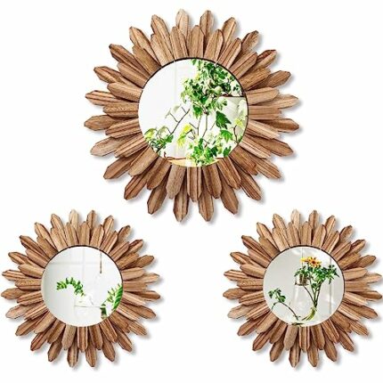 Gulfmew 3 Pcs Boho Wall Decor Mirror 16.9 Inch 11.8 Inch Sunburst Wall Mirrors Round Boho Circle Mirror with Rustic Wood Frame Decorative Hanging