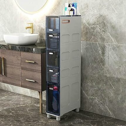 Bathroom Floor Cabinet Narrow Tall Slim 5 Drawer Storage Tower, Sturdy Frame Narrow Toilet Paper Storage Cabinet with Clear Drawers and Casters f