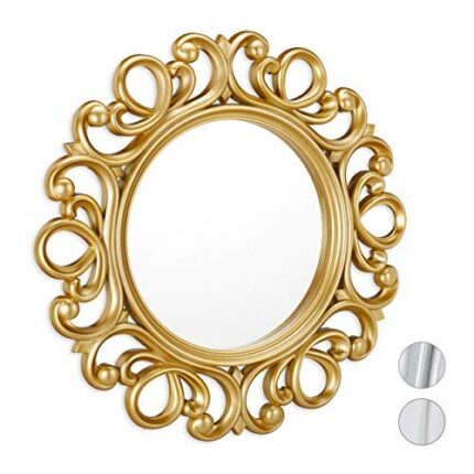 Relaxdays Round Wall Mirror, Decoration for Hallway, Bathroom, Living Room & Bedroom, Frame, Ornament, ∅ 50 cm, Gold