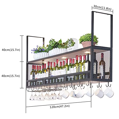 Ceiling Mounted Wine Rack with Glass Holder, Industrial Metal Wine Shelf Champagne Glass Goblets Bottle Holder Hanging Floating Wine Shelf for Ki