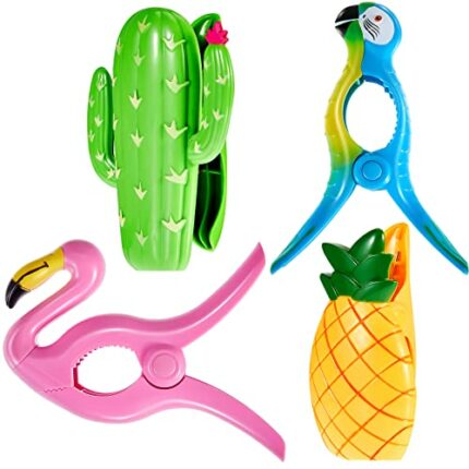 4 Pieces Cute Beach Towel Clips Flamingo Parrot Cactus Pineapple Chair Clips Plastic Lounge Chair Clamps Portable Towel Holders Clips for Home Be