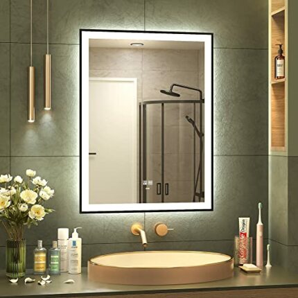 KWW 50 x 70 cm LED Bathroom Mirror, Easy to Install Framed Vanity Mirror, Color Temperature Adjustable, Anti-Fog Dimmable Lights, Horizontal/Vert