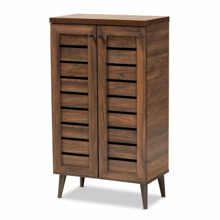 TJLSS Walnut Brown Finished Wood 2-Door Shoe Storage Cabinet Multilayer Shoe Cabinet for Household Items