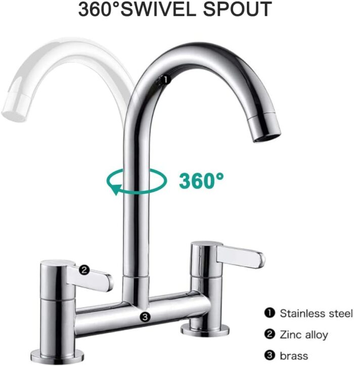 Kitchen Sink Mixer Taps Hot Cold Dual Lever Monobloc Chrome Swivel Spout 1/4 Turn Deck Mounted Kitchen Taps with UK Standard Fittings (Silver)