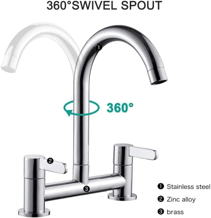 Kitchen Sink Mixer Taps, 2 Hole Kitchen Faucet, 360° Swivel Spout Dual Lever Sink Mixer Tap, Deck Mounted Kitchen Taps, Cold and Hot Mixer Tap, S