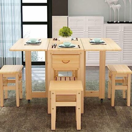 Drop Leaf Table, Folding Dinner Table, Wood Kitchen Table and 4 Chairs Set, Extension Space Saving Table with 2-layer Storage Shelf and Wheels, f