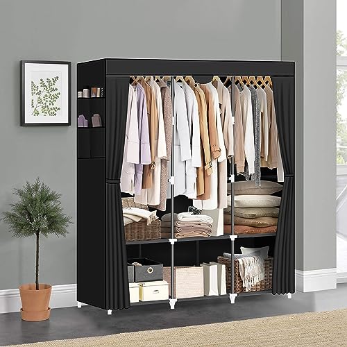 LOKEME Portable Closet, Portable Closets for Hanging Clothes with 3 Hanging Rods and 6 Storage Shelves and 4 Side Pockets, Black Wardrobe Closet