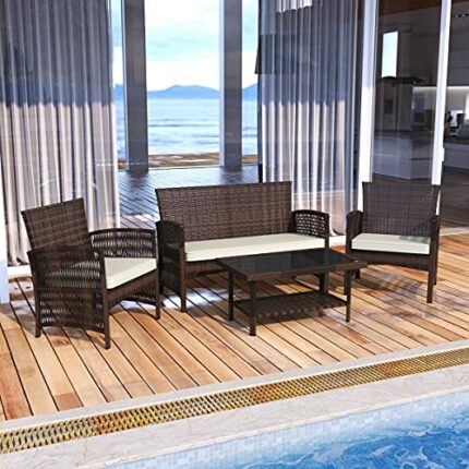 IDS Online MLM-16403-W 1 Loveseat 2 Single Chairs Cushion, Leisure Glass Top Coffee Table for Garden Lawn Poolside Backyard 4 Piece Rattan Pattio