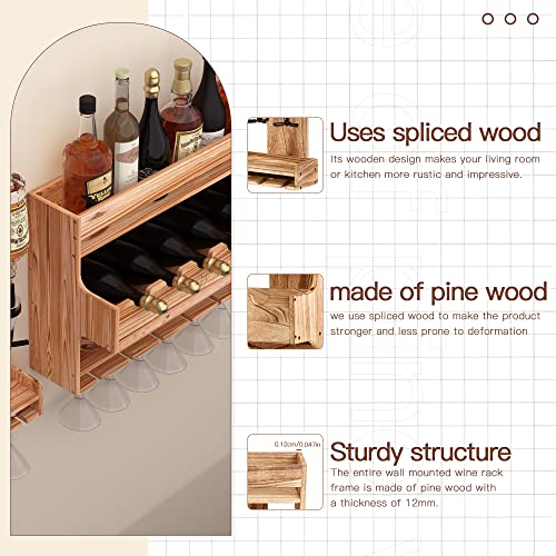 ybaymy Wine Rack Wall Mounted with 2-Bottle Liquor Dispenser Wall Mounted Wood Wine Shelf with Bottle Stemware Glass Holder, Rustic Wine Display