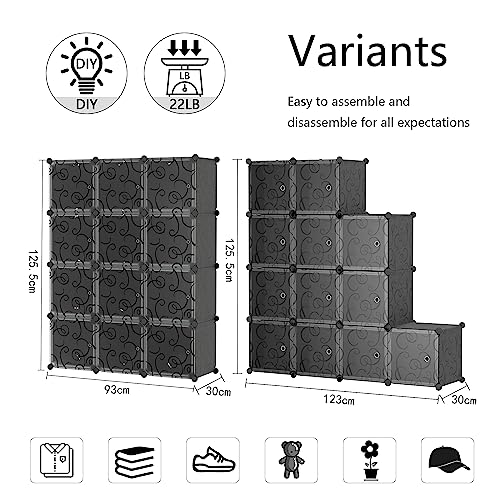 Portable Closet Wardrobe, 12 Cube Storage Organizer with Doors, Cube Closet Organizer with Doors, Modular Storage Shelves, Plastic Cubes Cabinet