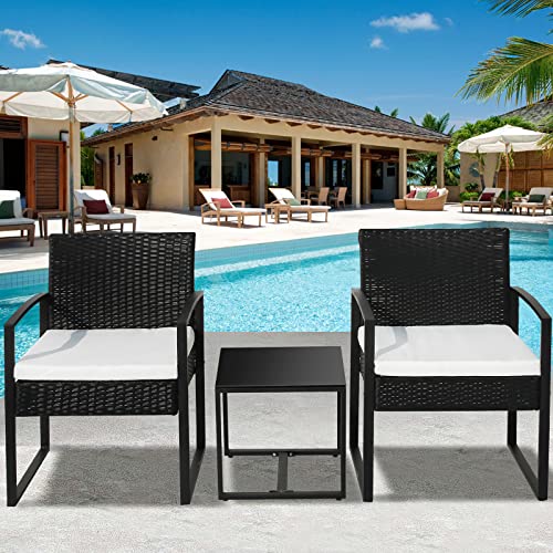 Rattan Garden Furniture Set, 3 piece Outdoor Patio furniture sofa set with 2 Armchairs and 1 table, Outdoor Seating for Bistro Front Porch Balcon