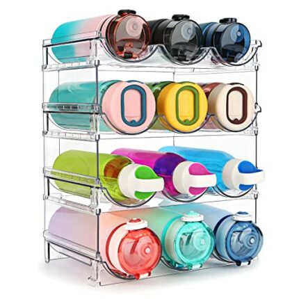 spospo Water Bottle Organizer for Cabinet, 4 Pack Water Bottle Organization and Storage Shelf, Plastic Water Bottle Holder Rack for Fridge, Kitch