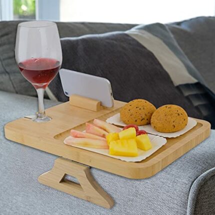 ILIKEPOW Bamboo Sofa Arm Tray Table with Goblet Card Slots, 360° Rotating Phone Holder, Foldable Arm Tray Clip-On Table Armchair Tray for Wide Co