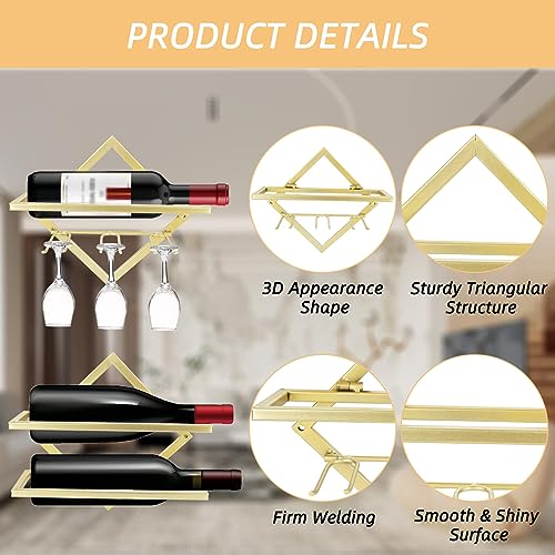 EATHEATY 2 Pack Metal Wall Mounted Wine Holder, Foldable Gold Hanging Wall Wine Rack Storage with Stem Glass Holders, Red Wine Bottle Display Han