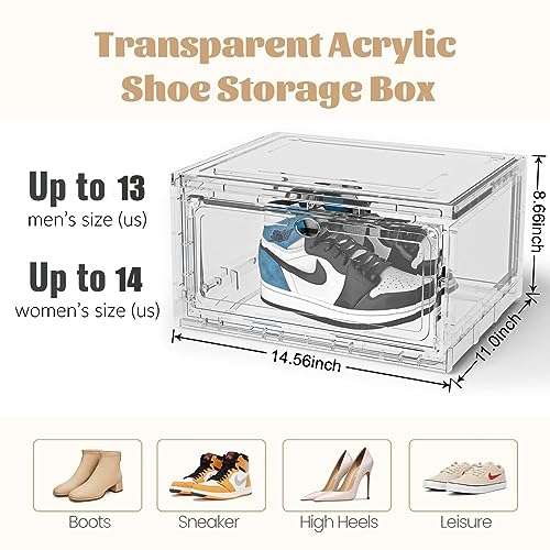 Lora Dew Shoe Storage Box,Acrylic Shoe Organizer with Magnetic Door,Clear Plastic Stackable Shoes Container for Closet,Sneaker Storage Boxes,Tran
