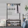 Coat rack with bench, free-standing coat rack with shoe rack 2 shelves, multifunctional metal frame clothes rack with 9 hooks, industrial design,