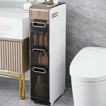 OPSREY Narrow Bathroom Storage Cabinet with Drawer, Large Capacity Tall Slim Bathroom Floor Cabinet with Plastic Drawers and Casters Vertical Sto