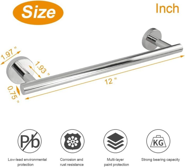 YUET Towel Rail 30CM Chrome Hand Towel Holder Bar Bathroom Holders For Bathrooms Kitchen Dish Cloths Hanger 304 Stainless Steel RUSTPROOF Wall Mo