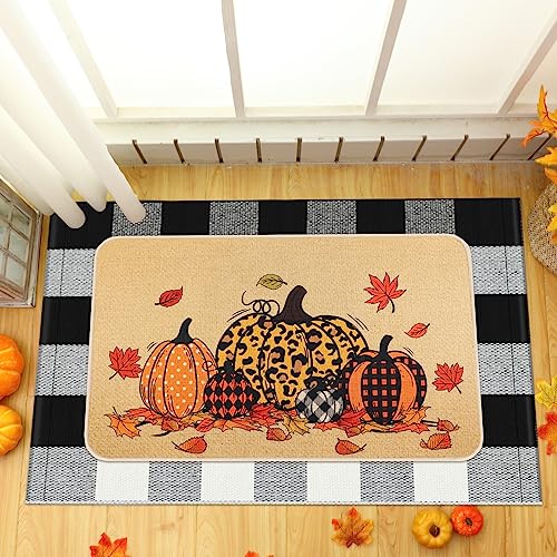 Fabbay 2 Pcs Doormat Home Imitation Coir Autumn Thanksgiving Halloween Doormat with Rubber Non Slip Backing Checkered Buffalo Plaid Rug for Layer
