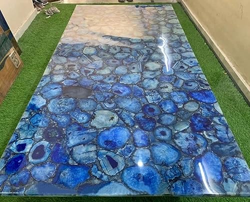 Gifts And Artefacts 30 x 72 Inches Marble Dining Table Top Blue Agate Stone Epoxy Art Kitchen Slab to add Luxury Look in Your Hotel