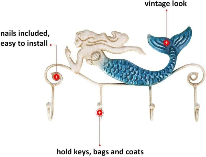 Tooarts Iron Wall Hanger Hook 4 Hooks Decor Wall Mounted for Coats Bags Key Clothes Hook Holder Decorative Gift (Mermaid)