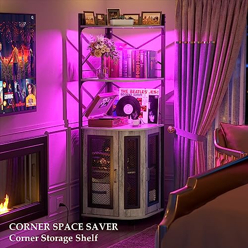 Aheaplus Corner Bar Cabinet with Power Outlet, Industrial Wine Cabinet with LED Strip and Glass Holder, 5-Tiers Liquor Cabinet Bar Unit for Home,